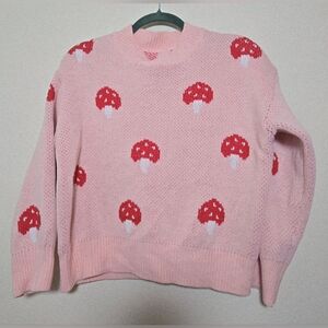 Pink Mushroom Pattern Loose Fit Knit Sweater
